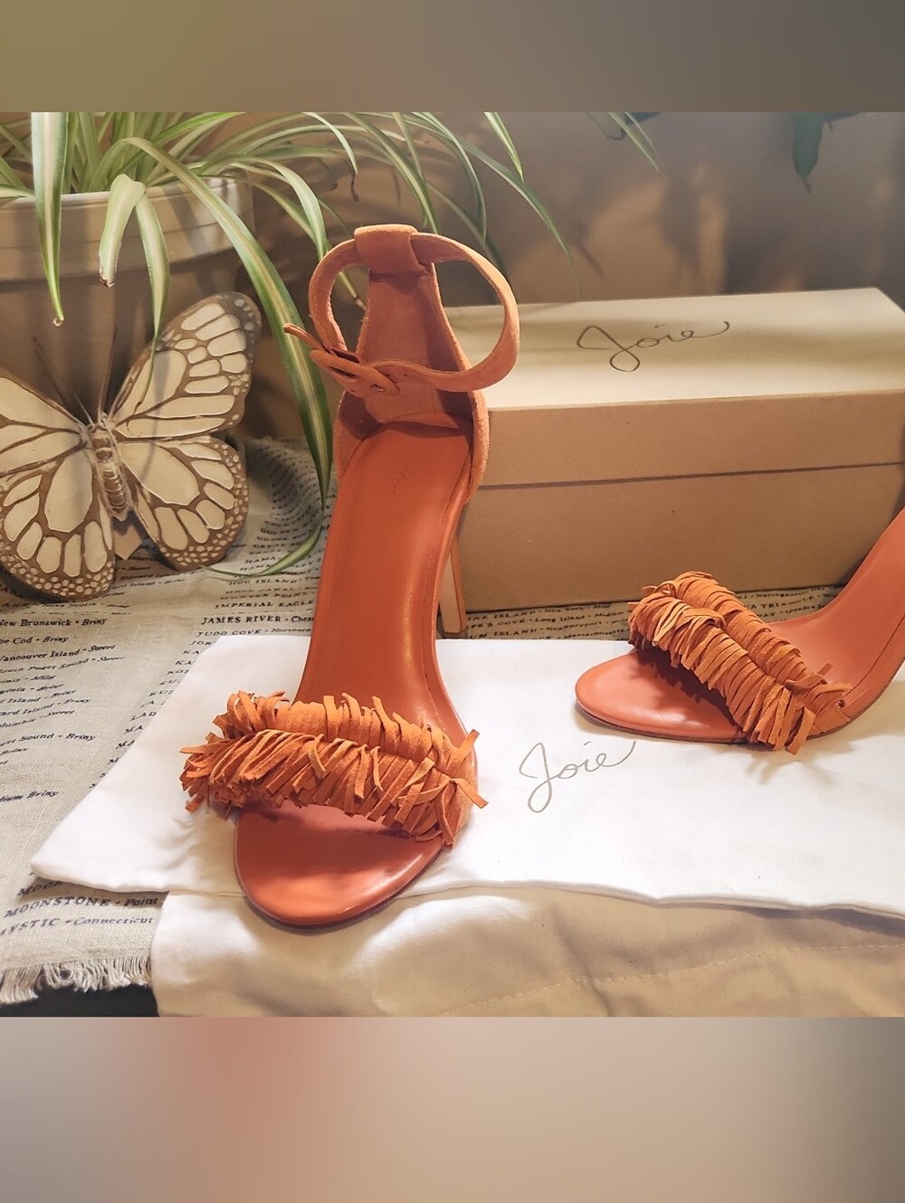 Joie "PIPPI" Orange Suede Fringe Ankle-Strap Heels